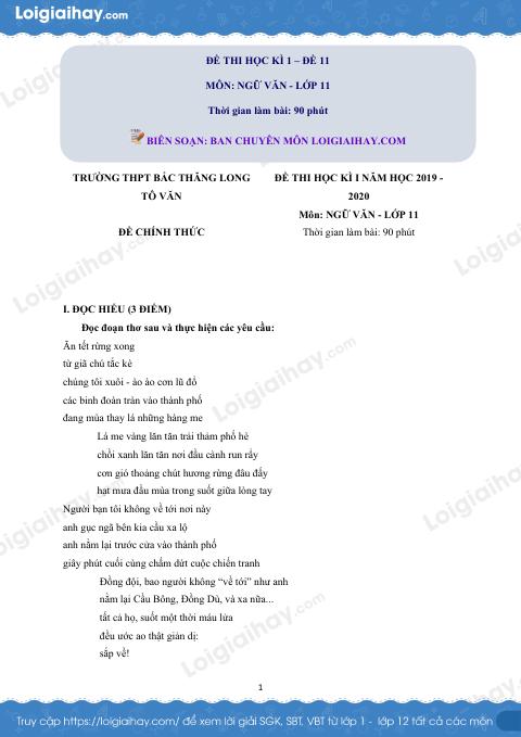 Giải đề thi học kì 1 Ngữ văn lớp 11 năm 2019 - 2020 trường THPT Bắc Thăng Long
